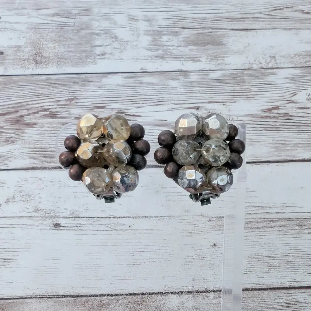 Vintage Clip On Earrings Large Cluster Brown - Fair Condition